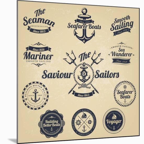Set of Vintage Retro Nautical Badges and Labels-Oros Gabor-Mounted Art Print