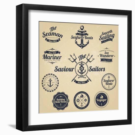 Set of Vintage Retro Nautical Badges and Labels-Oros Gabor-Framed Art Print