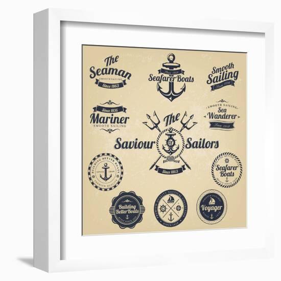 Set of Vintage Retro Nautical Badges and Labels-Oros Gabor-Framed Art Print