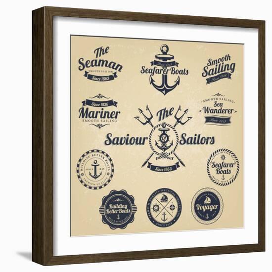 Set of Vintage Retro Nautical Badges and Labels-Oros Gabor-Framed Art Print