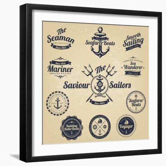 Set of Vintage Retro Nautical Badges and Labels-Oros Gabor-Framed Art Print