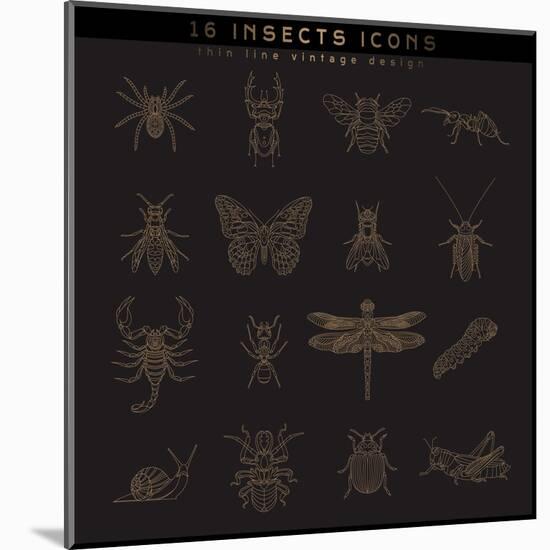 Set of Vintage Thin Line Insects Icons. Retro Vector Design Labels, Badges, Graphic Element, Emblem-karnoff-Mounted Art Print