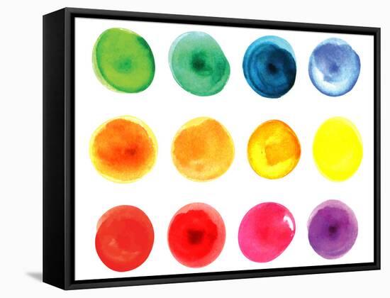 Set of Watercolor Circles  in Vibrant Colors. Watercolor Wet Stains Isolated on White.-LiMaxo-Framed Stretched Canvas