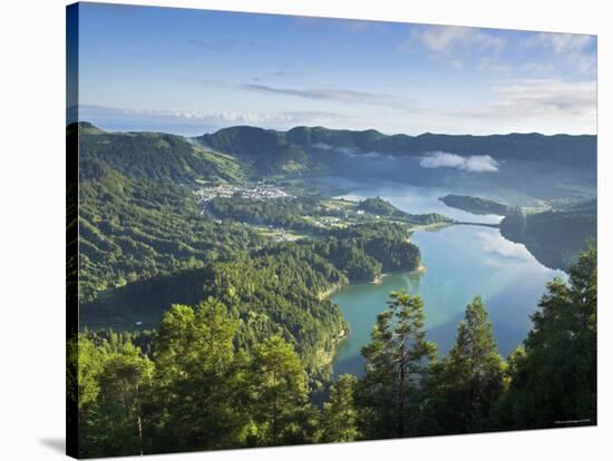 Sete Cidades Village with Lagoa Azul and Lagoa Verde, Sao Miguel Island, Azores, Portugal-Alan Copson-Stretched Canvas