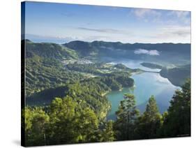 Sete Cidades Village with Lagoa Azul and Lagoa Verde, Sao Miguel Island, Azores, Portugal-Alan Copson-Stretched Canvas