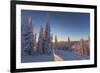 Setting sun through forest of snow ghosts at Whitefish, Montana, USA-Chuck Haney-Framed Photographic Print