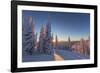 Setting sun through forest of snow ghosts at Whitefish, Montana, USA-Chuck Haney-Framed Photographic Print