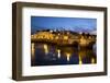 Seven arched Roman bridge and town on the Rio Gilao river at night, Tavira, Algarve, Portugal, Euro-Stuart Black-Framed Photographic Print