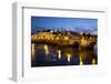 Seven arched Roman bridge and town on the Rio Gilao river at night, Tavira, Algarve, Portugal, Euro-Stuart Black-Framed Photographic Print