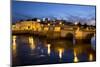 Seven arched Roman bridge and town on the Rio Gilao river at night, Tavira, Algarve, Portugal, Euro-Stuart Black-Mounted Photographic Print