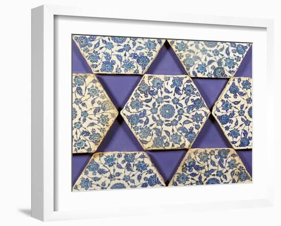 Seven Iznik Blue and White Hexagonal Pottery Tiles, circa 1540-null-Framed Giclee Print