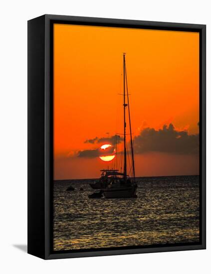 Seven Mile Beach, Grand Cayman. Sailboat on the Carribean at sunset.-Jolly Sienda-Framed Stretched Canvas