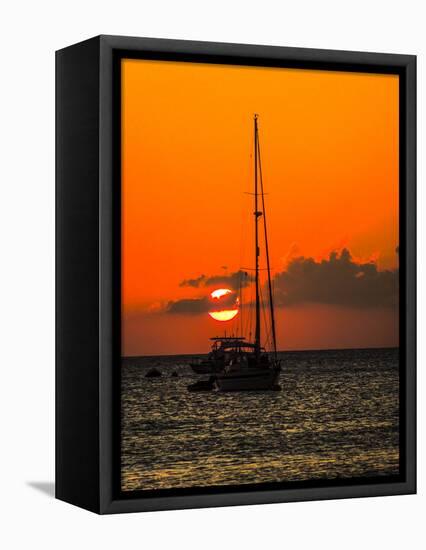 Seven Mile Beach, Grand Cayman. Sailboat on the Carribean at sunset.-Jolly Sienda-Framed Stretched Canvas