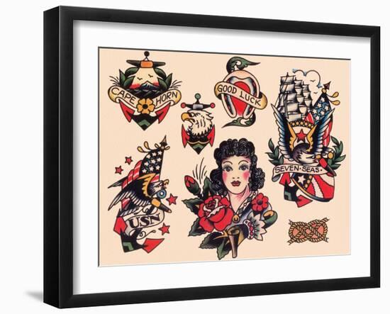 "Seven Seas" Authentic Tattoo Flash by Norman Collins, aka, Sailor Jerry-null-Framed Art Print