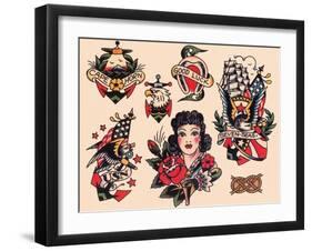 "Seven Seas" Authentic Tattoo Flash by Norman Collins, aka, Sailor Jerry-null-Framed Art Print