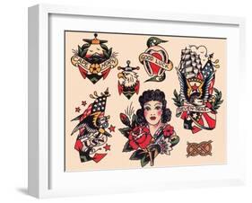 "Seven Seas" Authentic Tattoo Flash by Norman Collins, aka, Sailor Jerry-null-Framed Art Print