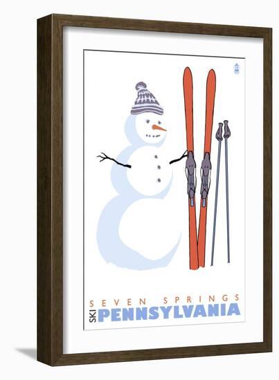 Seven Springs, Pennsylvania, Snowman with Skis-Lantern Press-Framed Art Print