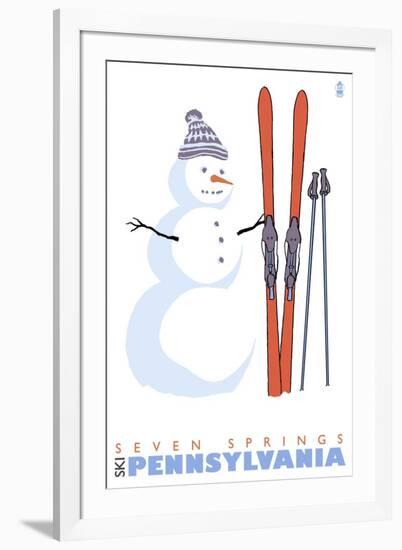 Seven Springs, Pennsylvania, Snowman with Skis-Lantern Press-Framed Art Print