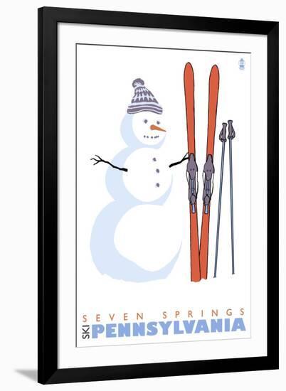 Seven Springs, Pennsylvania, Snowman with Skis-Lantern Press-Framed Art Print