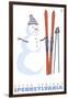 Seven Springs, Pennsylvania, Snowman with Skis-Lantern Press-Framed Art Print