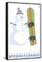 Seven Springs, Pennsylvania, Snowman with Snowboard-Lantern Press-Framed Stretched Canvas