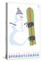 Seven Springs, Pennsylvania, Snowman with Snowboard-Lantern Press-Stretched Canvas