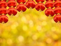 Chinese Red Lantern Decoration in Yellow Background-sevenke-Photographic Print