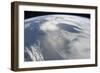 Several Tiny Satellites Backdropped by a Blue and White Part of Earth-null-Framed Photographic Print