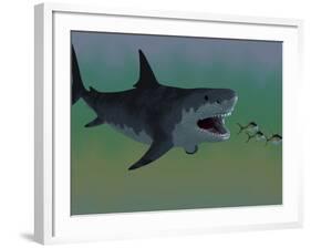 Several Tuna Fish Try To Escape from a Huge Megalodon Shark-Stocktrek Images-Framed Photographic Print