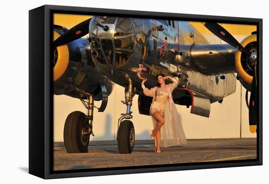 Sexy 1940's Pin-Up Girl in Lingerie Posing with a B-25 Bomber-null-Framed Stretched Canvas