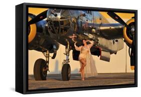 Sexy 1940's Pin-Up Girl in Lingerie Posing with a B-25 Bomber-null-Framed Stretched Canvas