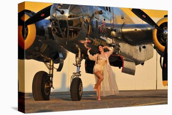 Sexy 1940's Pin-Up Girl in Lingerie Posing with a B-25 Bomber-null-Stretched Canvas