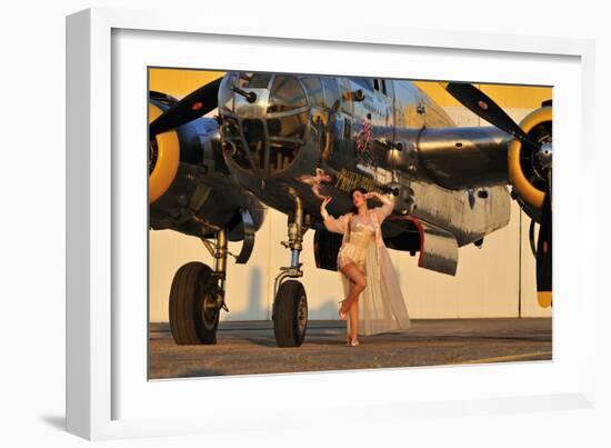 Sexy 1940's Pin-Up Girl in Lingerie Posing with a B-25 Bomber-null-Framed Photographic Print