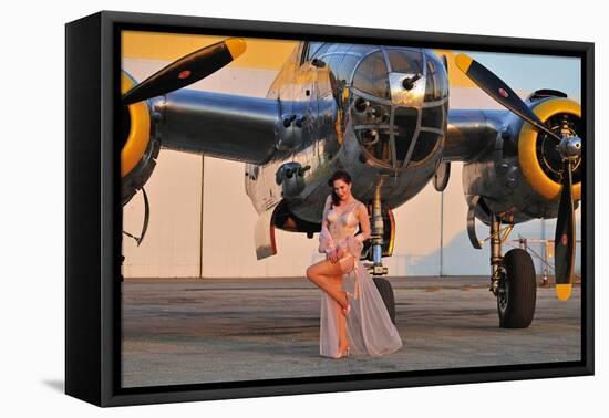 Sexy 1940's Pin-Up Girl in Lingerie Posing with a B-25 Bomber-null-Framed Stretched Canvas