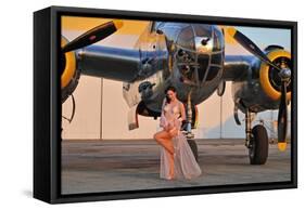 Sexy 1940's Pin-Up Girl in Lingerie Posing with a B-25 Bomber-null-Framed Stretched Canvas