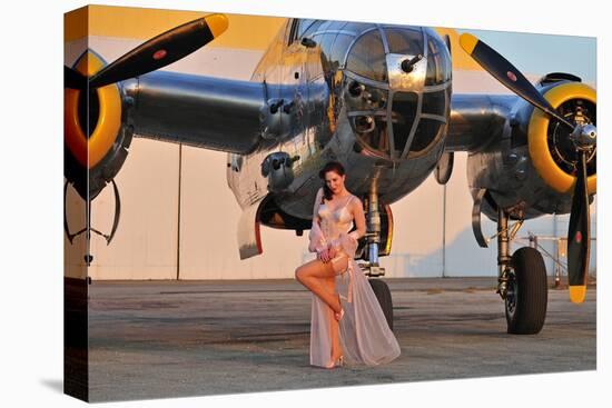 Sexy 1940's Pin-Up Girl in Lingerie Posing with a B-25 Bomber-null-Stretched Canvas