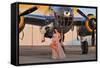 Sexy 1940's Pin-Up Girl in Lingerie Posing with a B-25 Bomber-null-Framed Stretched Canvas