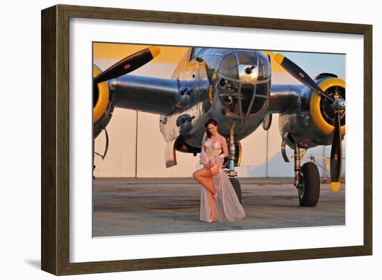 Sexy 1940's Pin-Up Girl in Lingerie Posing with a B-25 Bomber-null-Framed Photographic Print