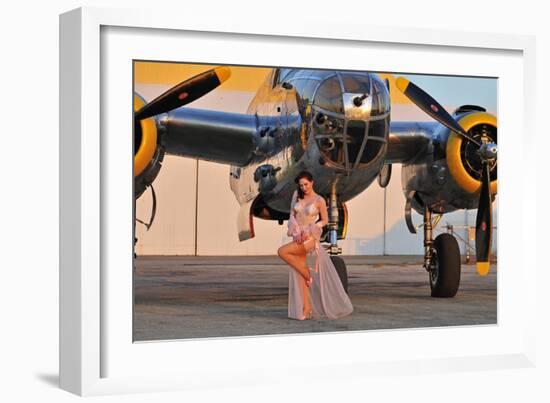 Sexy 1940's Pin-Up Girl in Lingerie Posing with a B-25 Bomber-null-Framed Photographic Print