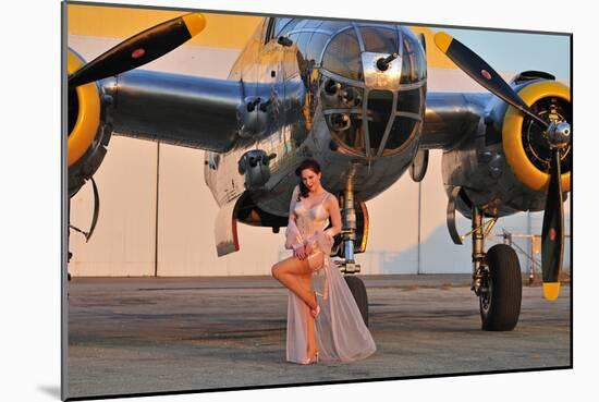 Sexy 1940's Pin-Up Girl in Lingerie Posing with a B-25 Bomber-null-Mounted Photographic Print