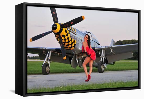 Sexy 1940's Style Pin-Up Girl Posing with a P-51 Mustang-null-Framed Stretched Canvas