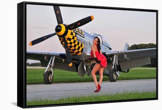 Sexy 1940's Style Pin-Up Girl Posing with a P-51 Mustang-null-Framed Stretched Canvas