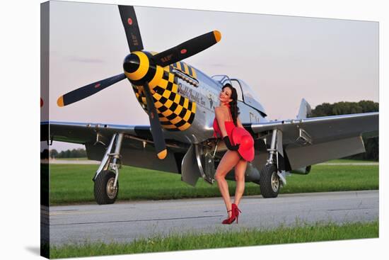 Sexy 1940's Style Pin-Up Girl Posing with a P-51 Mustang-null-Stretched Canvas