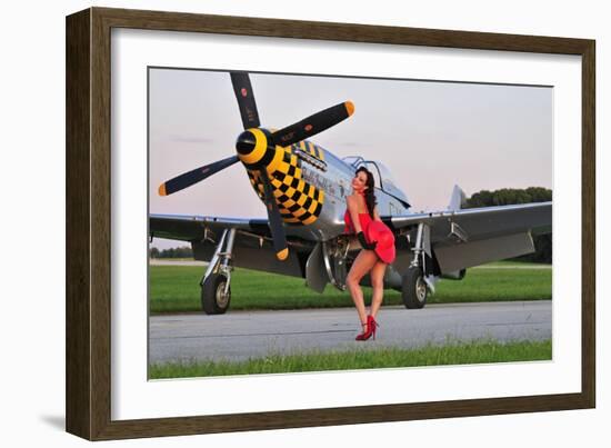 Sexy 1940's Style Pin-Up Girl Posing with a P-51 Mustang-null-Framed Photographic Print