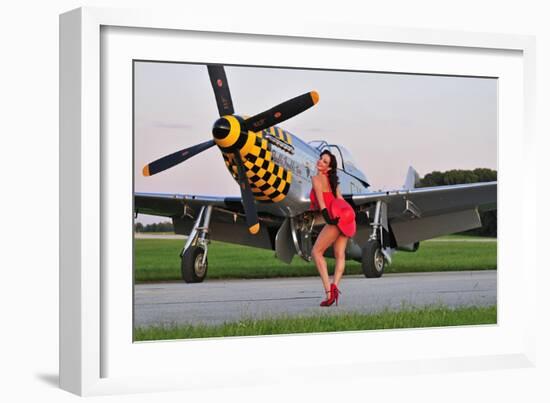 Sexy 1940's Style Pin-Up Girl Posing with a P-51 Mustang-null-Framed Photographic Print