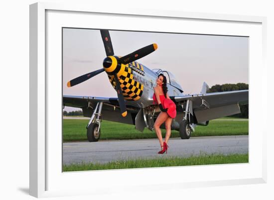 Sexy 1940's Style Pin-Up Girl Posing with a P-51 Mustang-null-Framed Photographic Print