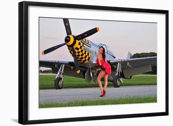 Sexy 1940's Style Pin-Up Girl Posing with a P-51 Mustang-null-Framed Photographic Print