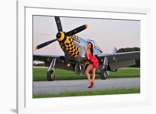 Sexy 1940's Style Pin-Up Girl Posing with a P-51 Mustang-null-Framed Photographic Print