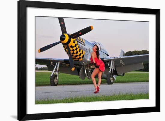 Sexy 1940's Style Pin-Up Girl Posing with a P-51 Mustang-null-Framed Photographic Print