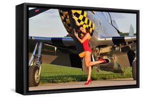 Sexy 1940's Style Pin-Up Girl Posing with a P-51 Mustang-null-Framed Stretched Canvas